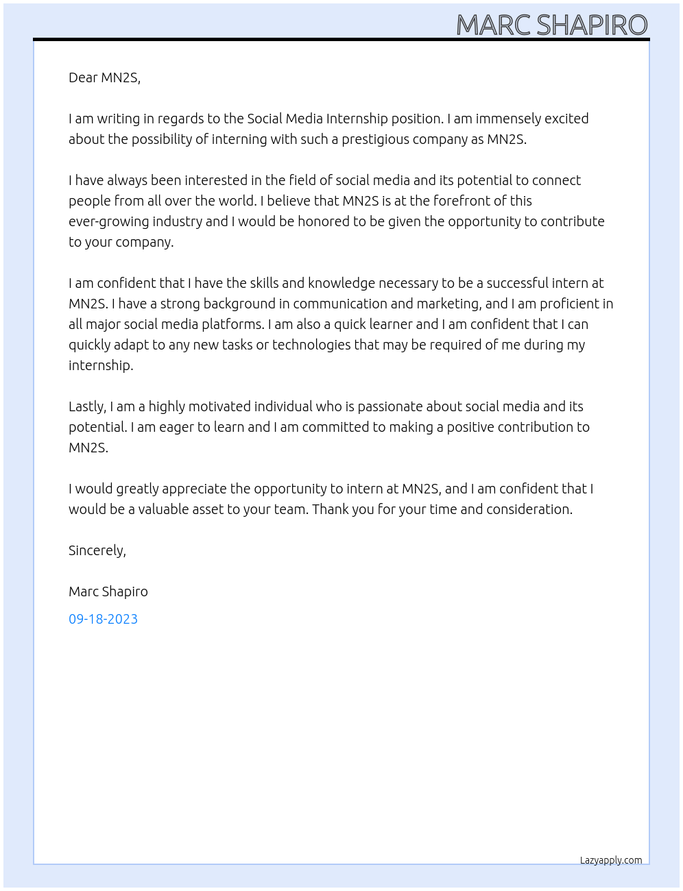 SOCIAL MEDIA INTERNSHIP At MN2S Cover Letter