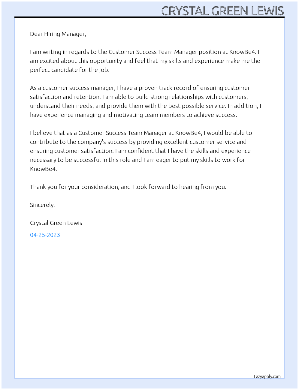 Customer Success Team Manager At KnowBe4 Cover Letter