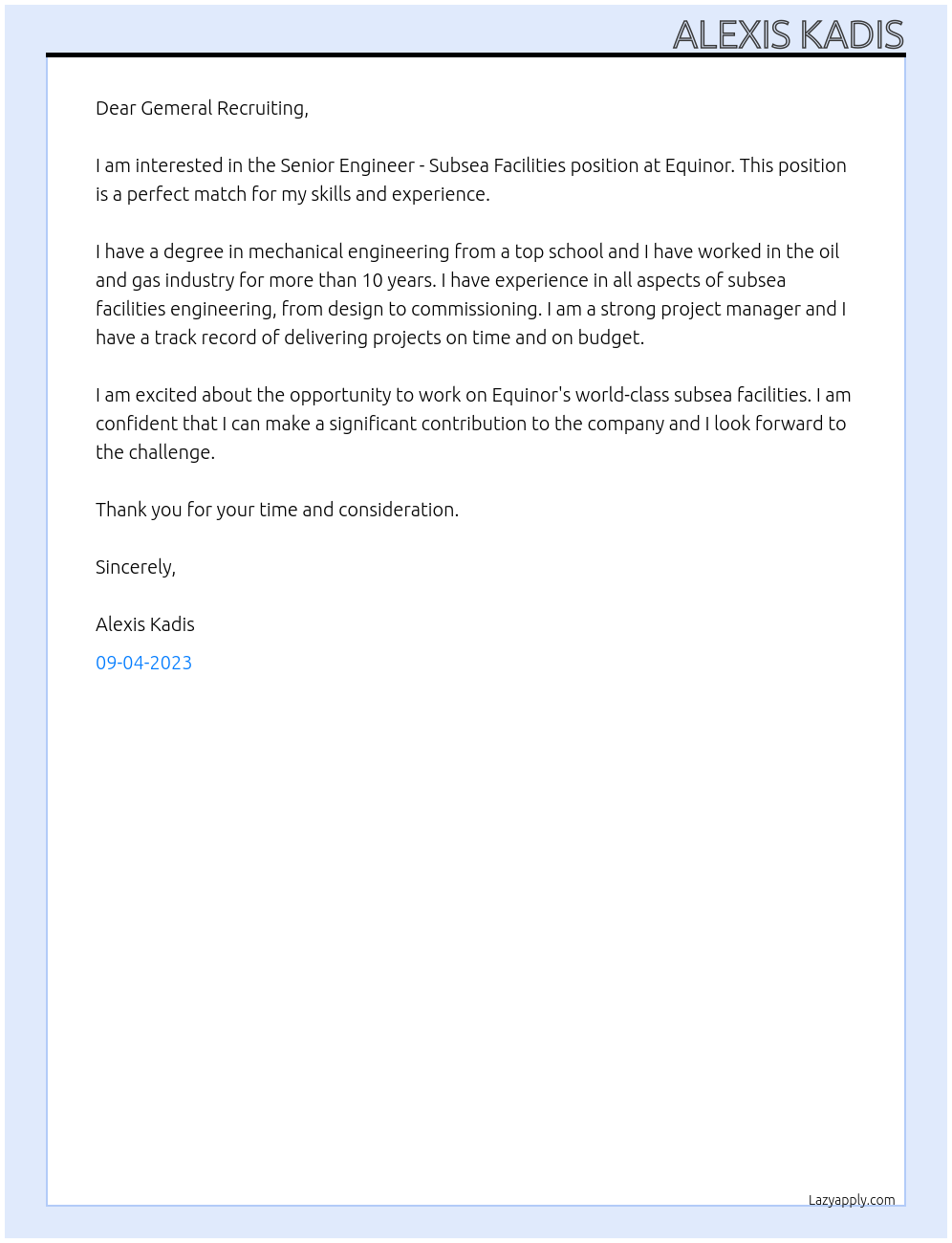 Senior Engineer - Subsea Facilities At Equinor Cover Letter