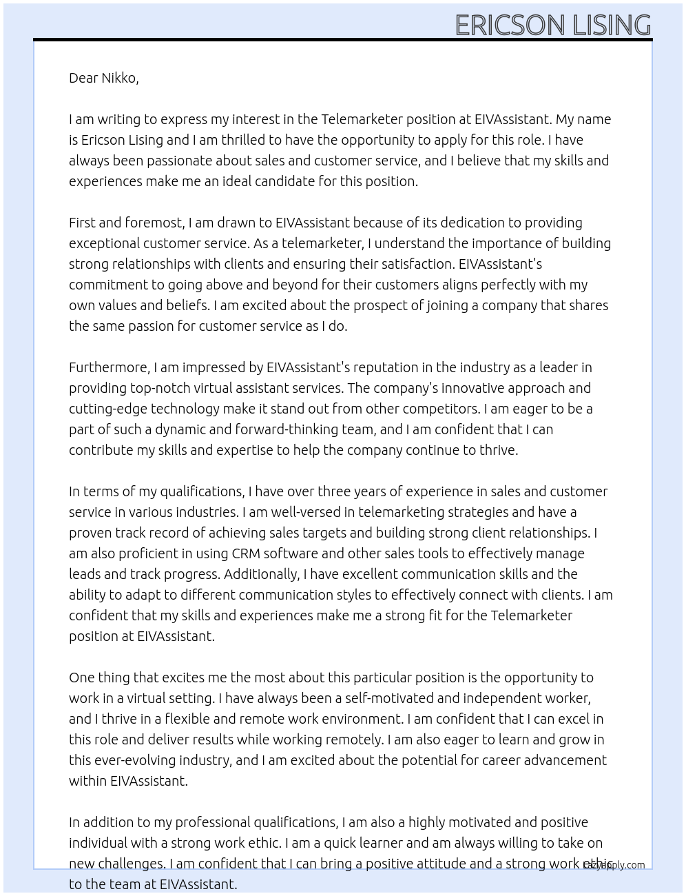 Telemarketer At EIVAssistant Cover Letter