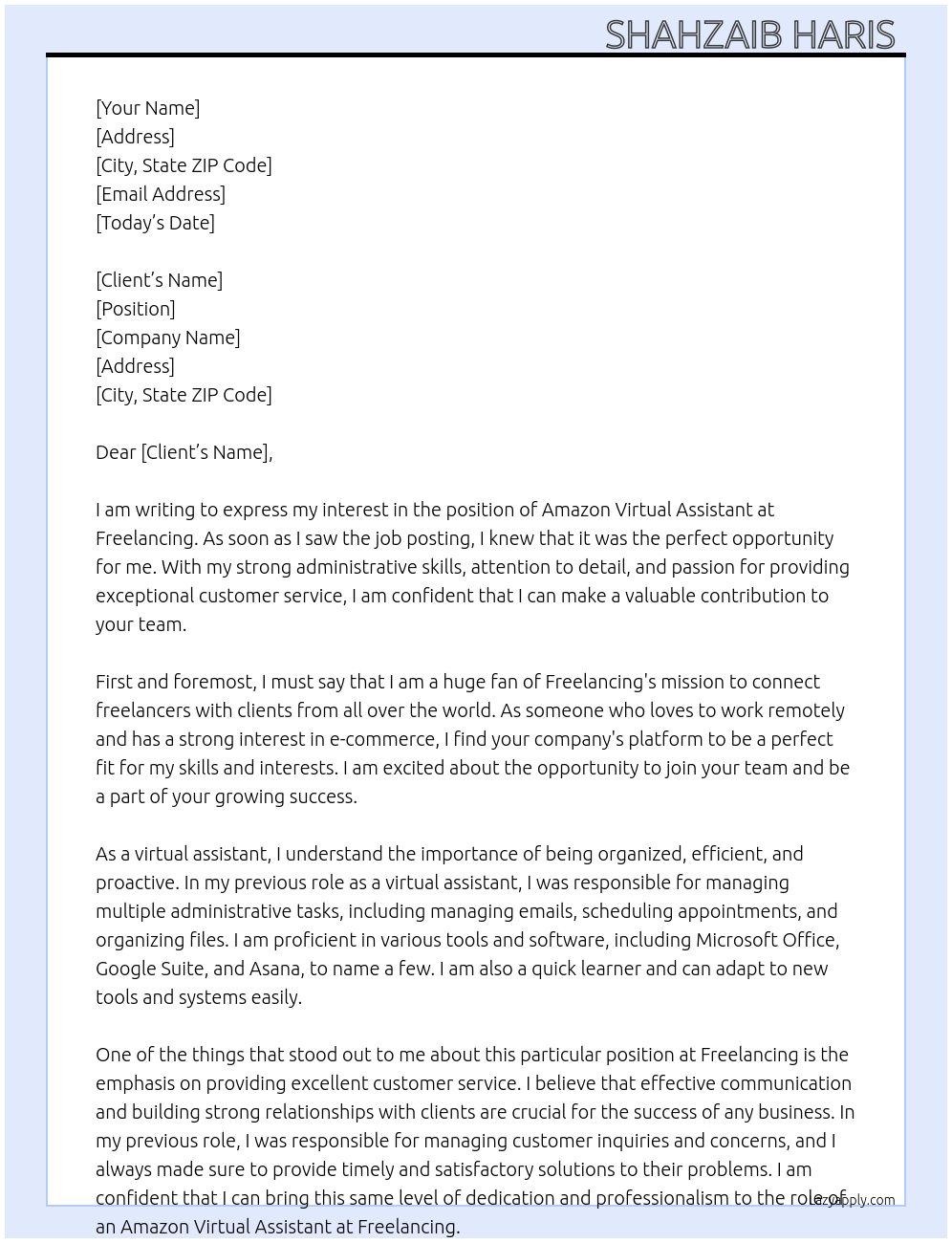 Amazon Virtual Assistant At Freelancing Cover Letter