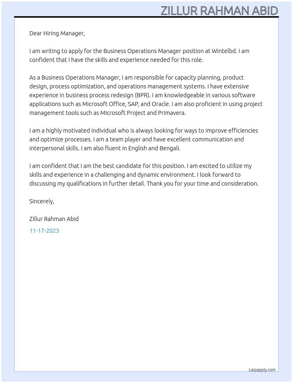 Business Operations Manager At Wintelbd Cover Letter