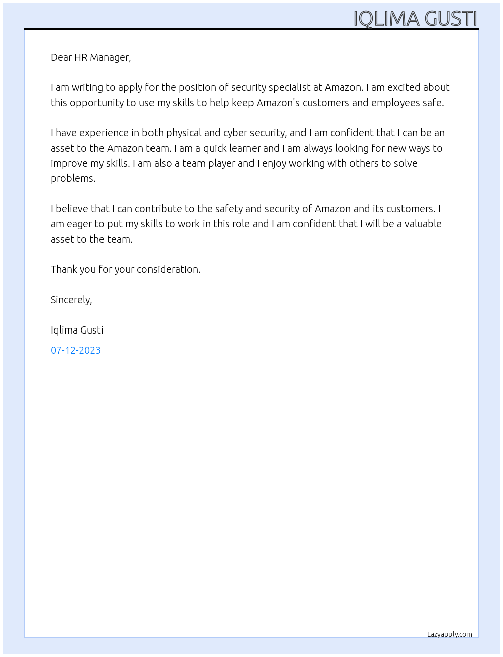 security specialist At Amazon Cover Letter