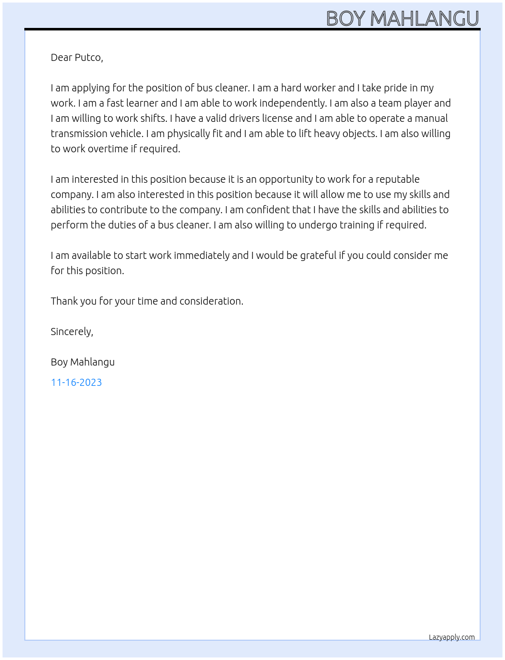Cover letter for bus cleaner - LazyApply
