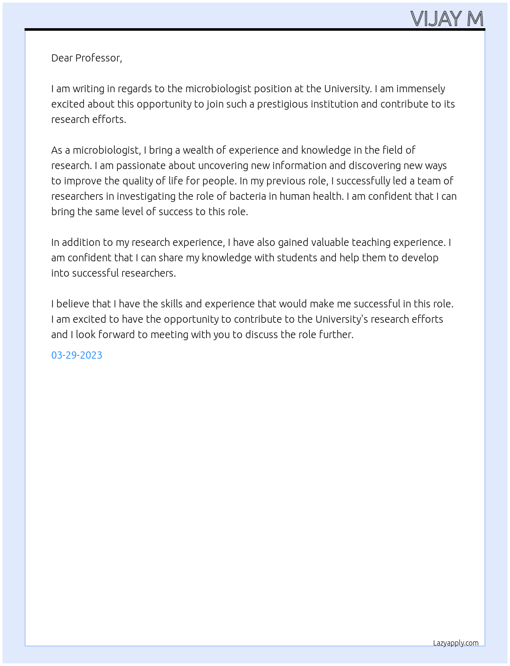 Microbiologist At University Cover Letter