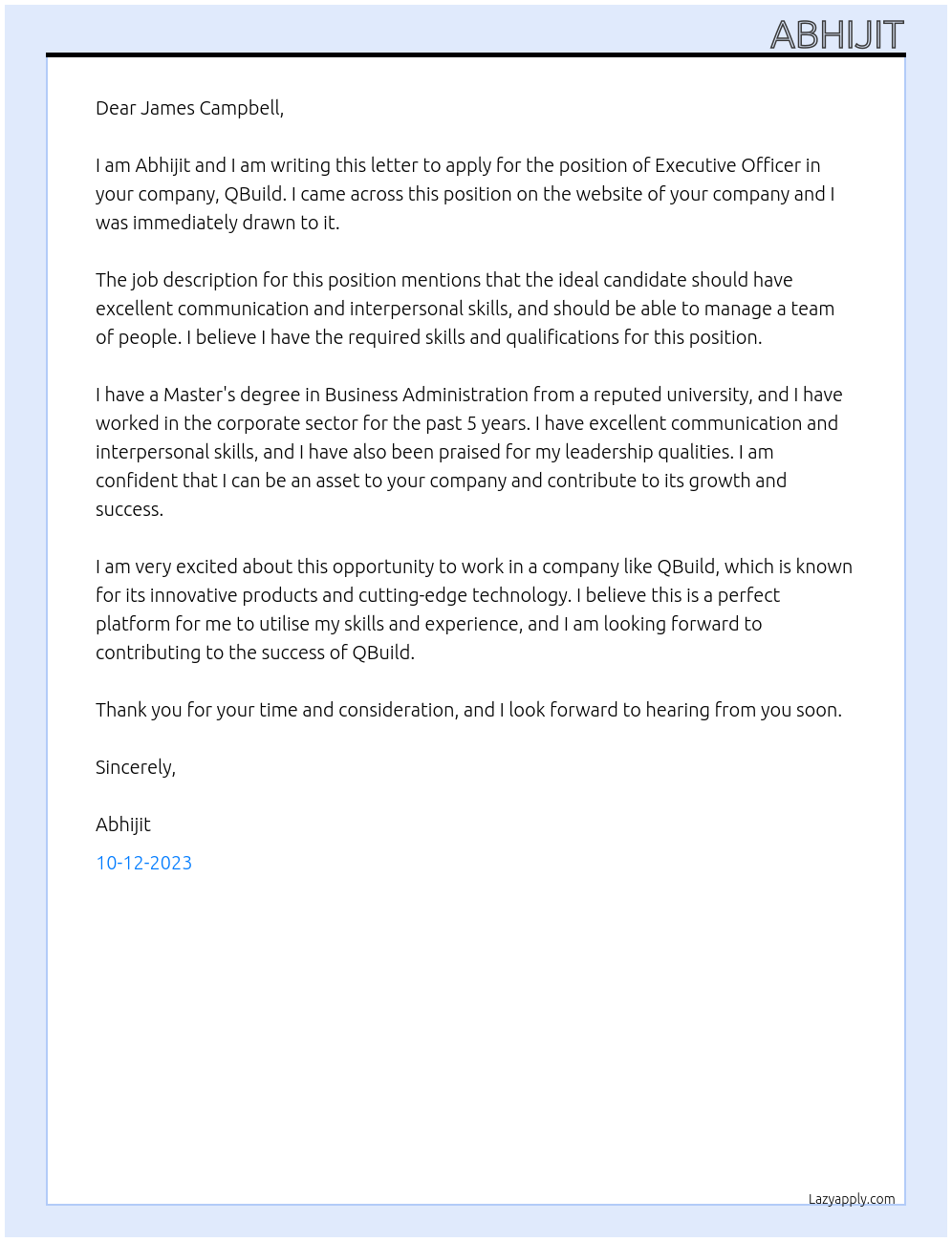 Executive Officer At QBuild Cover Letter