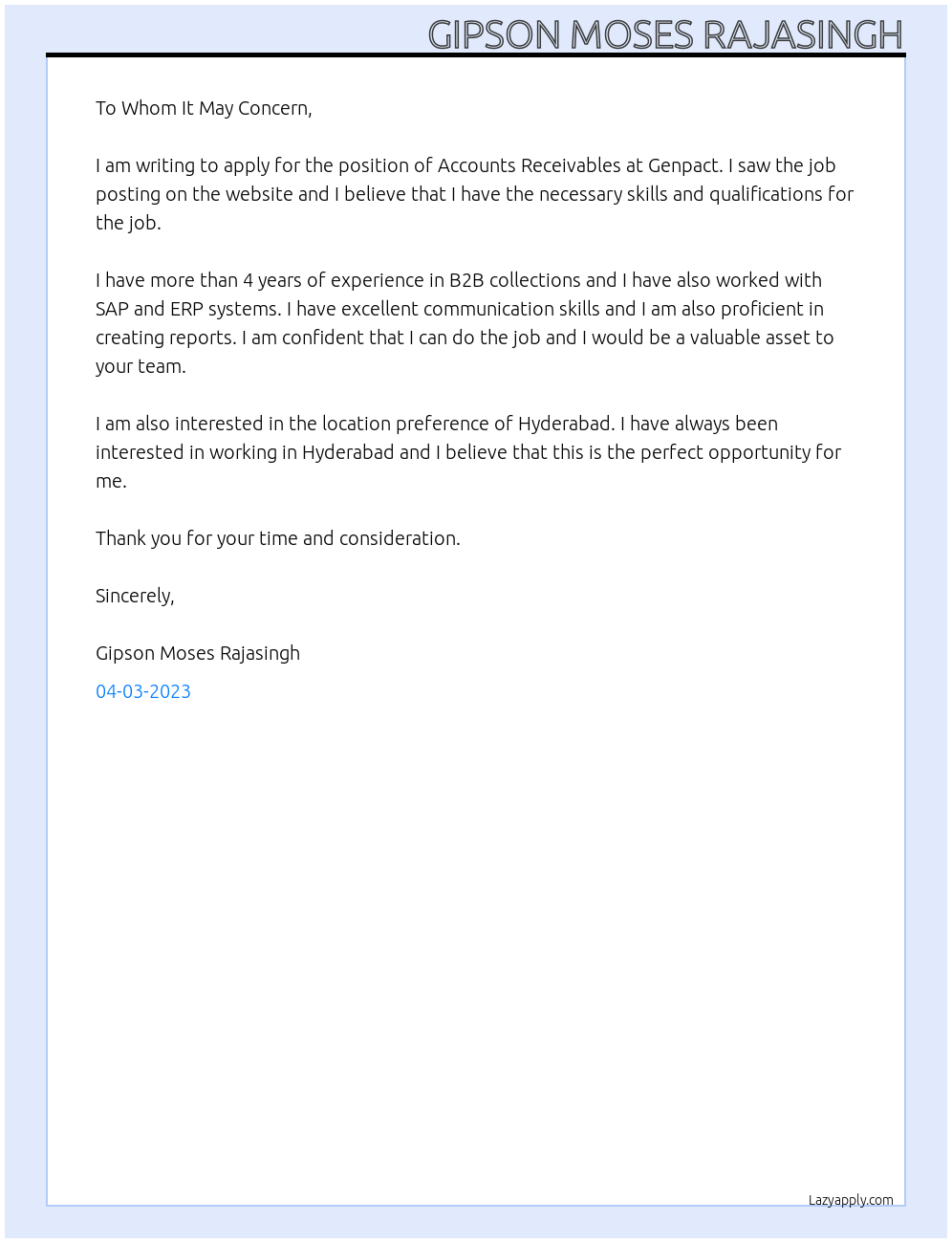 Accounts receivables  At Genpact Cover Letter