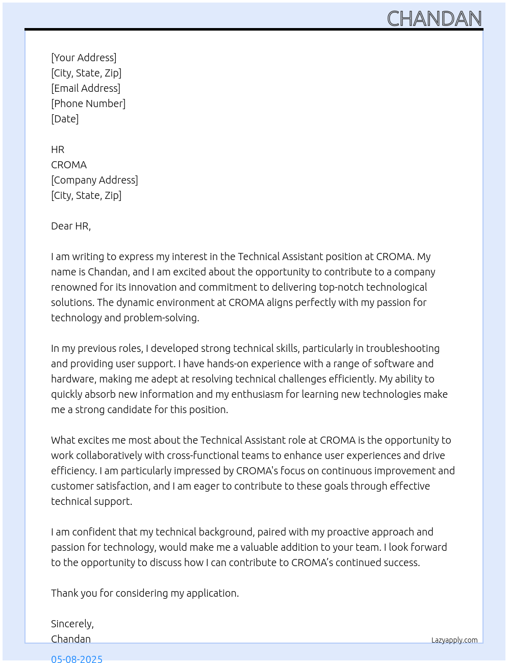 Cover letter for technical assistant - LazyApply