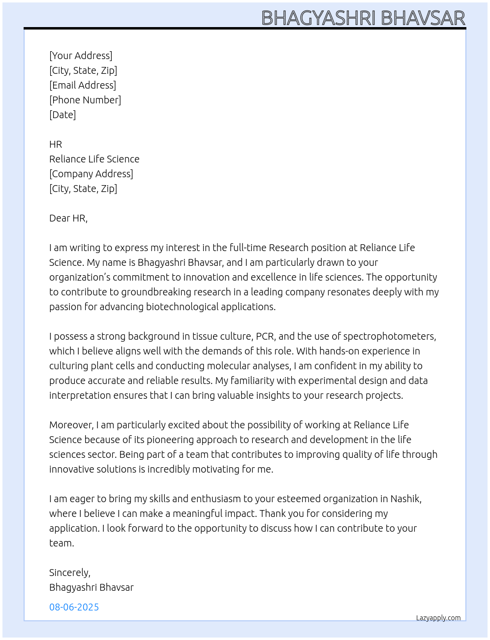 Cover letter for research - LazyApply