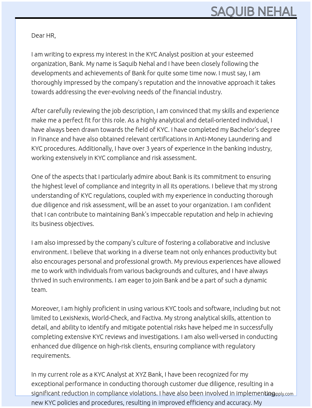 kyc analyst At bank Cover Letter