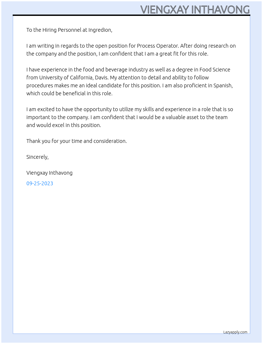 Process Operator At Ingredion Cover Letter