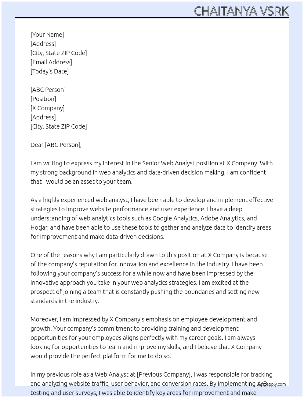 Senior Web Analyst At X Company Cover Letter