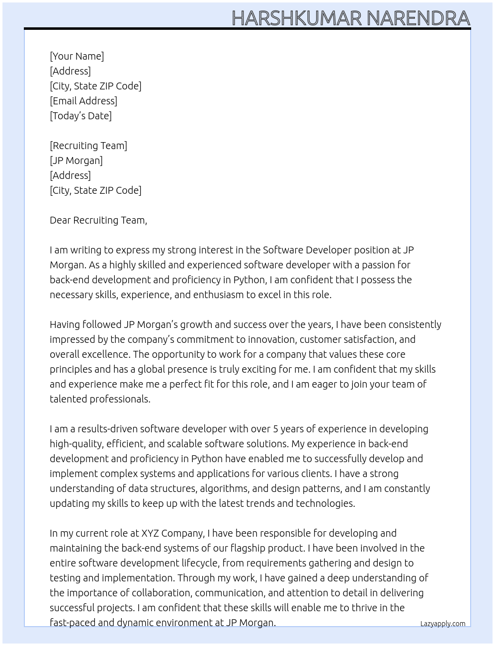 software devloper At JP Morgan Cover Letter