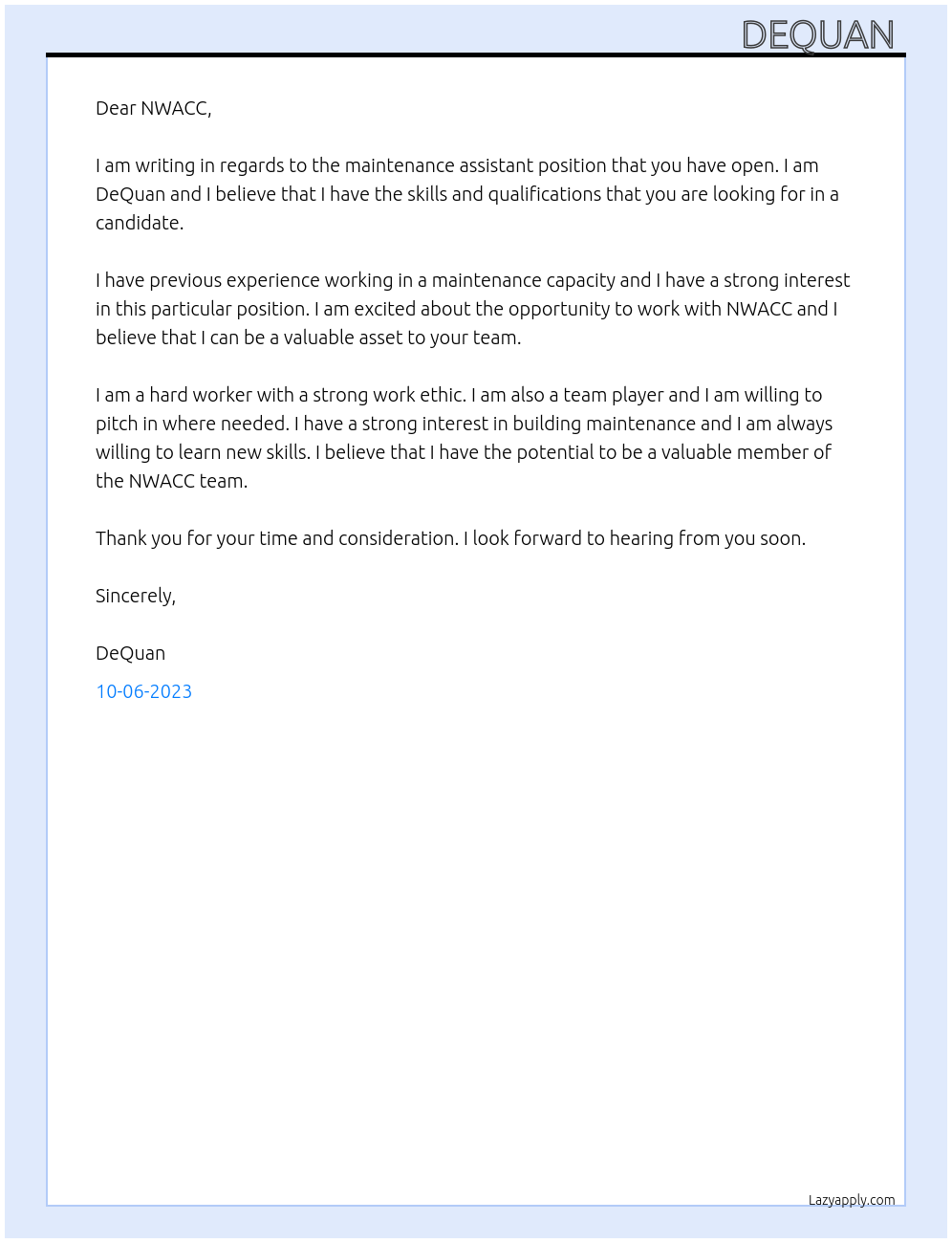 maintenance assistant At NWACC Cover Letter