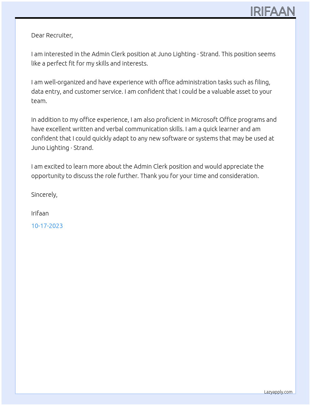 Admin Clerk At Juno Lighting · Strand Cover Letter