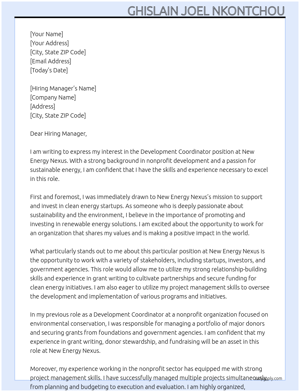Development Coordinator At New Energy Nexus Cover Letter