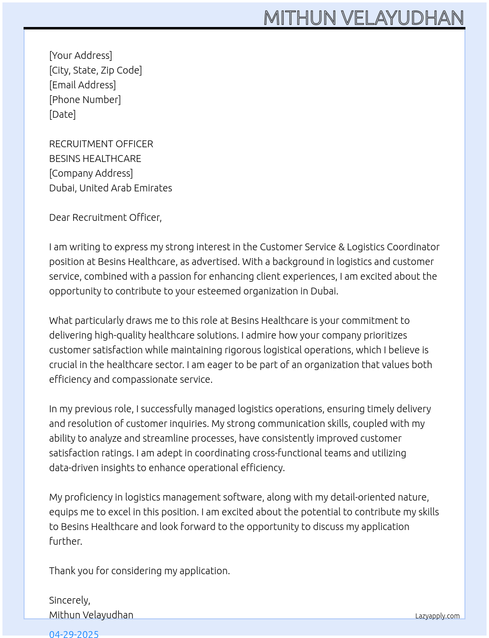 Cover letter for customer service & logistics coordinator - LazyApply