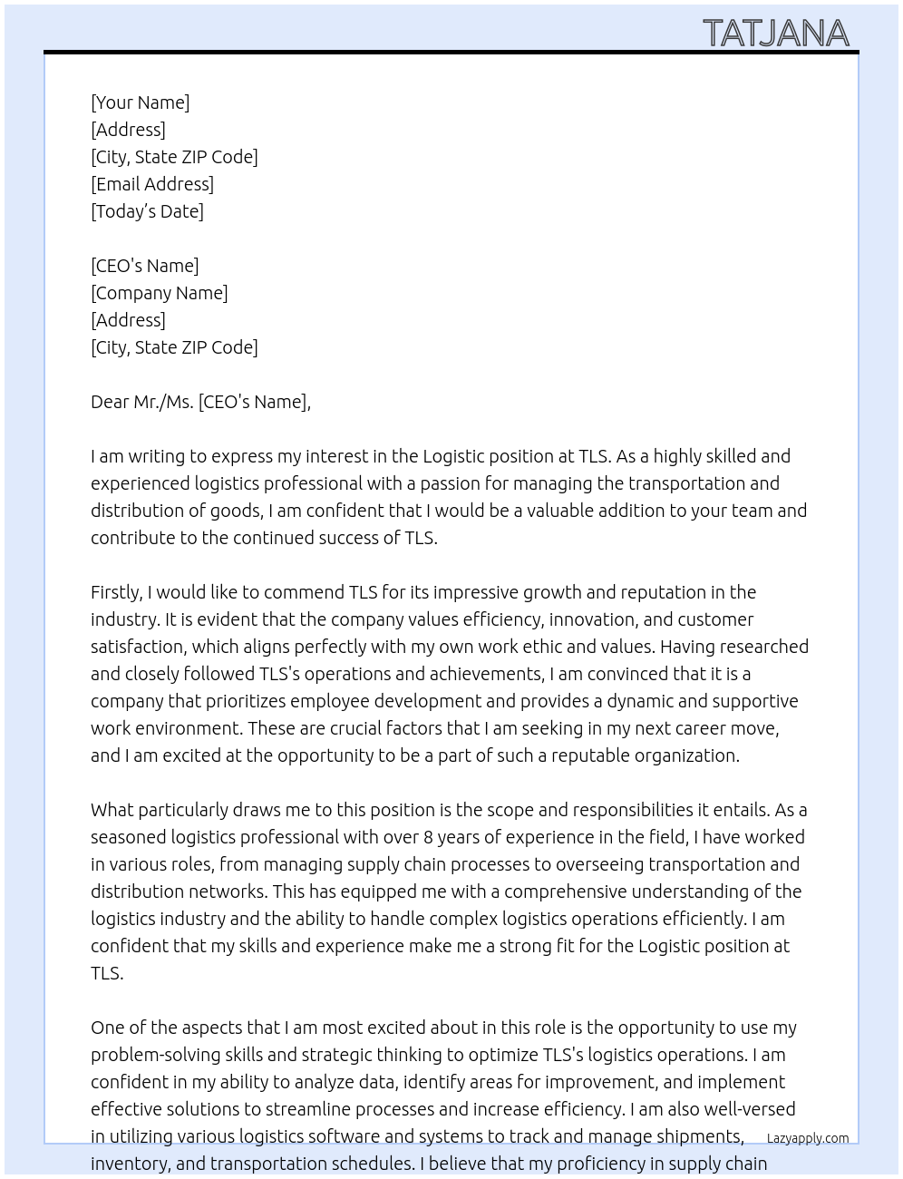 Logistic At TLS Cover Letter