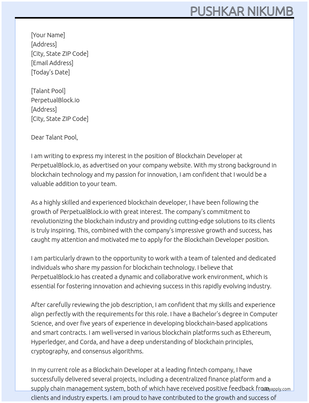 Blockchain Developer At PerpetualBlock.io Cover Letter