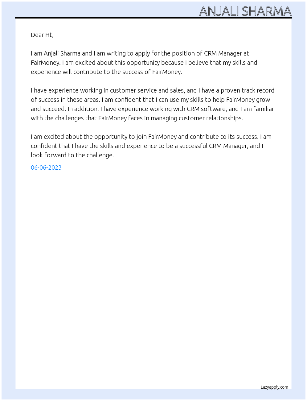 CRM Manager At FairMoney Cover Letter