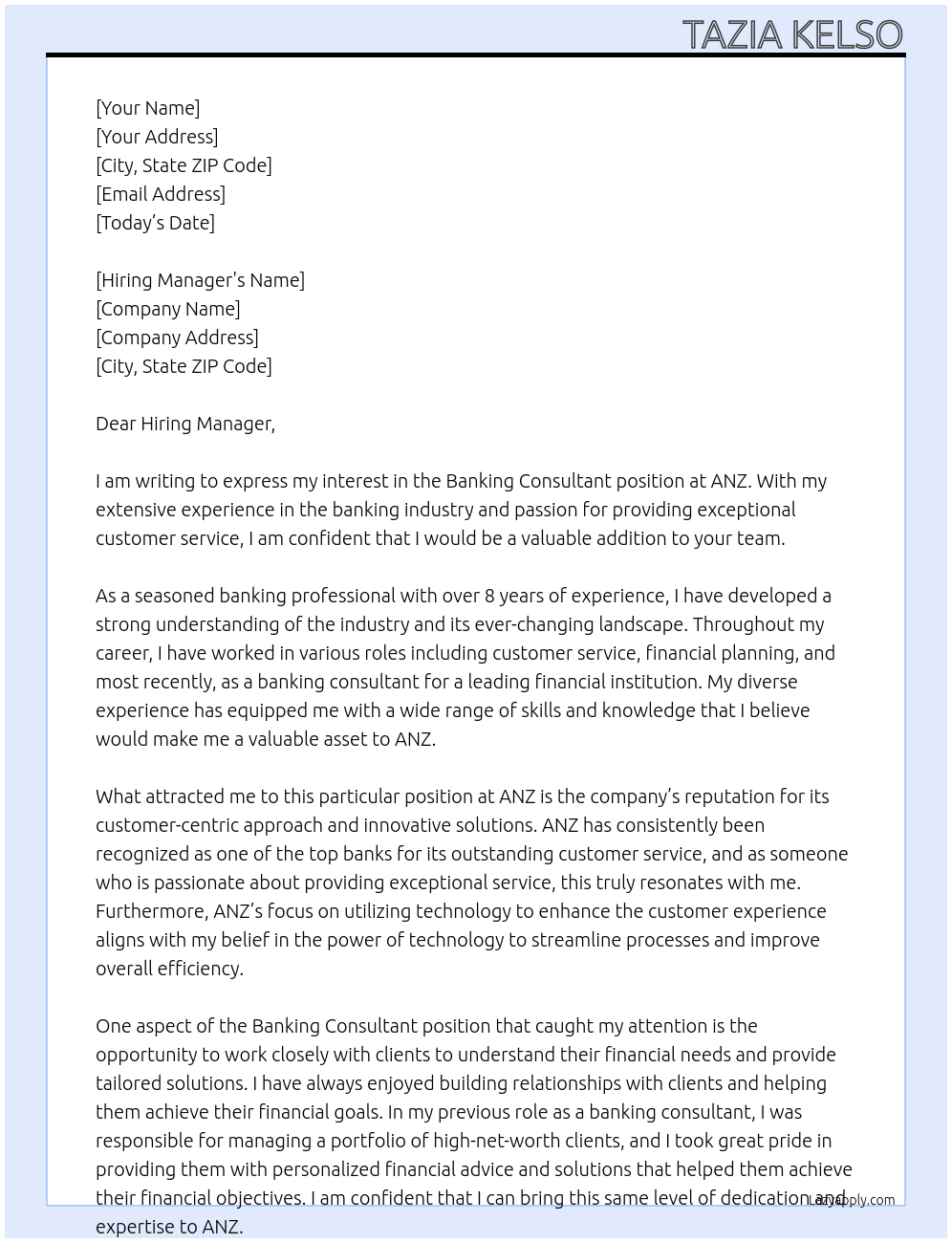 Banking Consultant At Anz Cover Letter