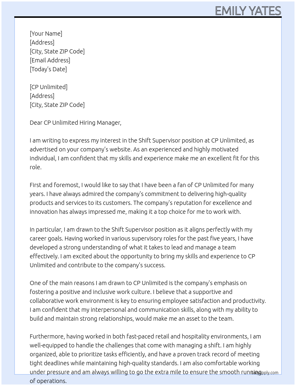 Shift Supervisor At CP Unlimited Cover Letter