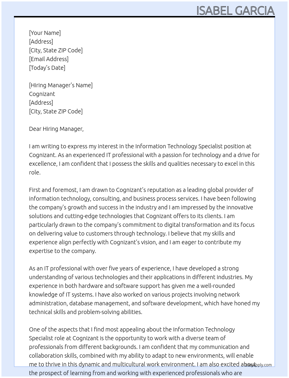Information Technology Specialist At Cognizant Cover Letter