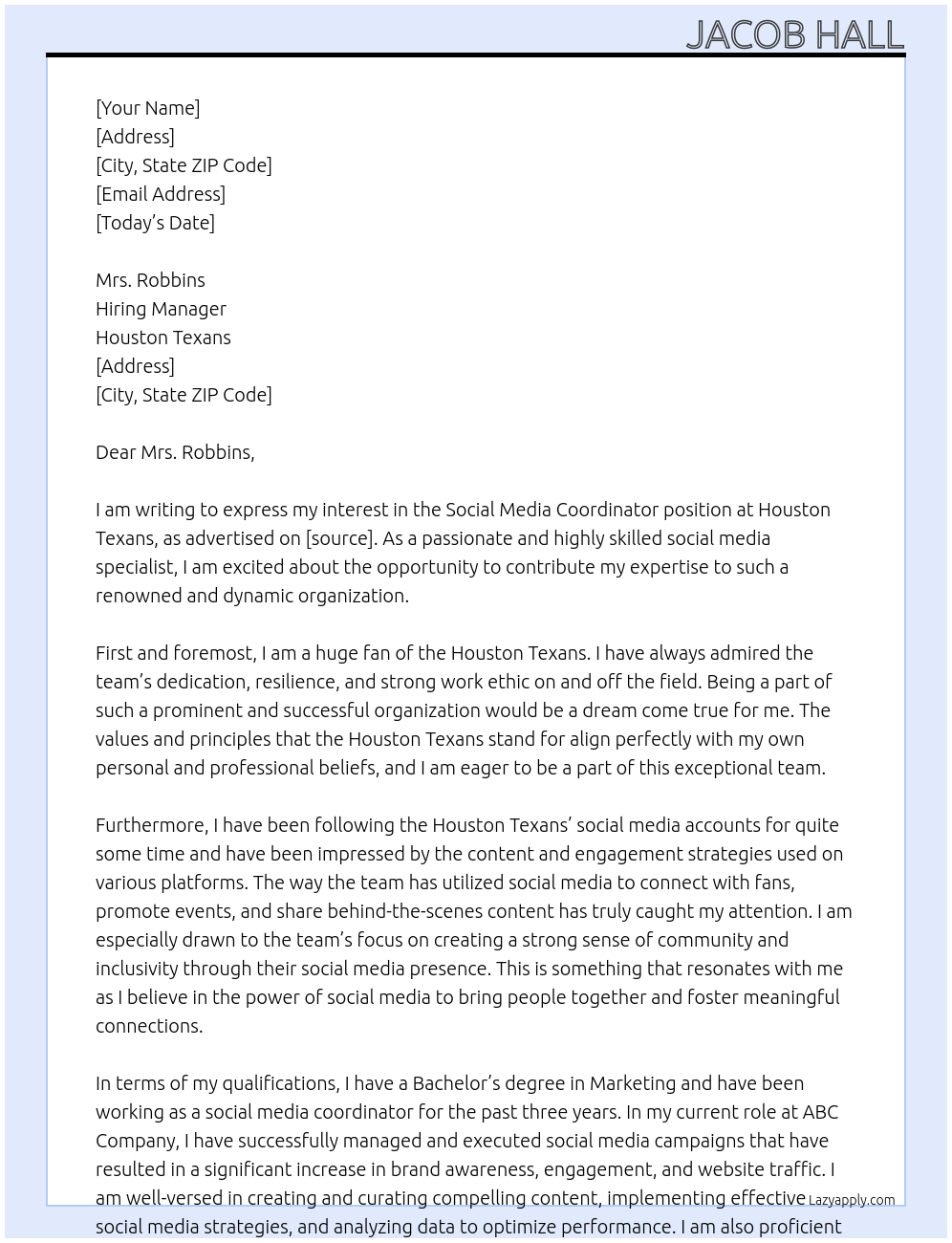 Social Media Coordinator At Houston Texans Cover Letter
