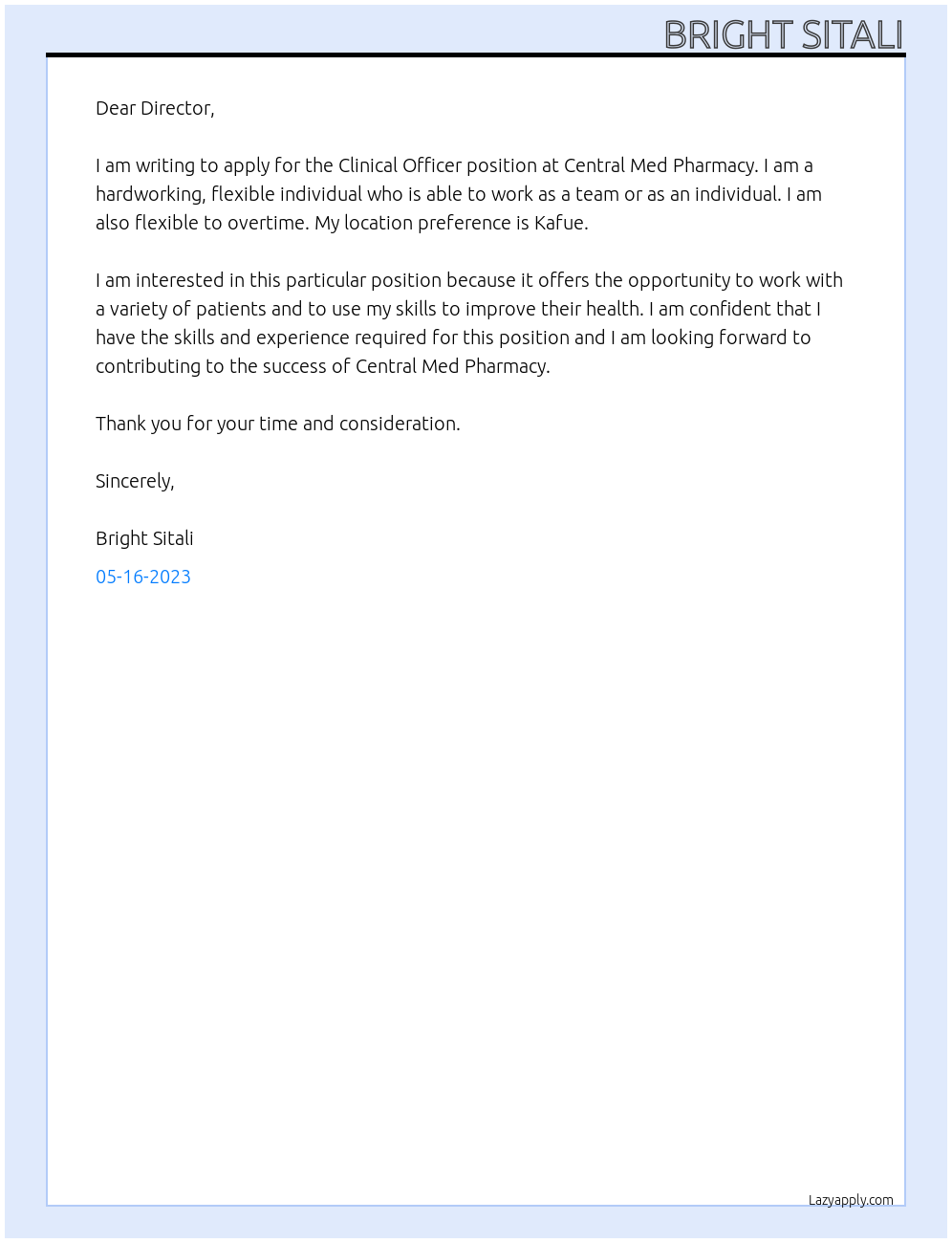 Clinical officer  At Central med Pharmacy  Cover Letter