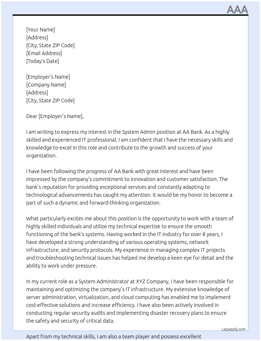 system admin At bank Cover Letter