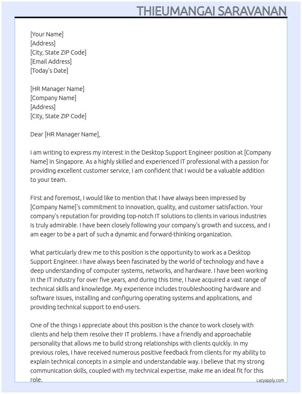 DESKTOP SUPPORT ENGINEER At ANY Cover Letter