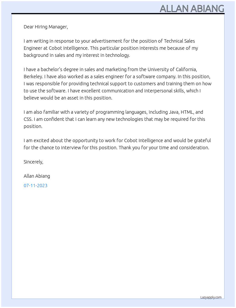 Technical Sales Engineer At Cobot Intelligence Cover Letter