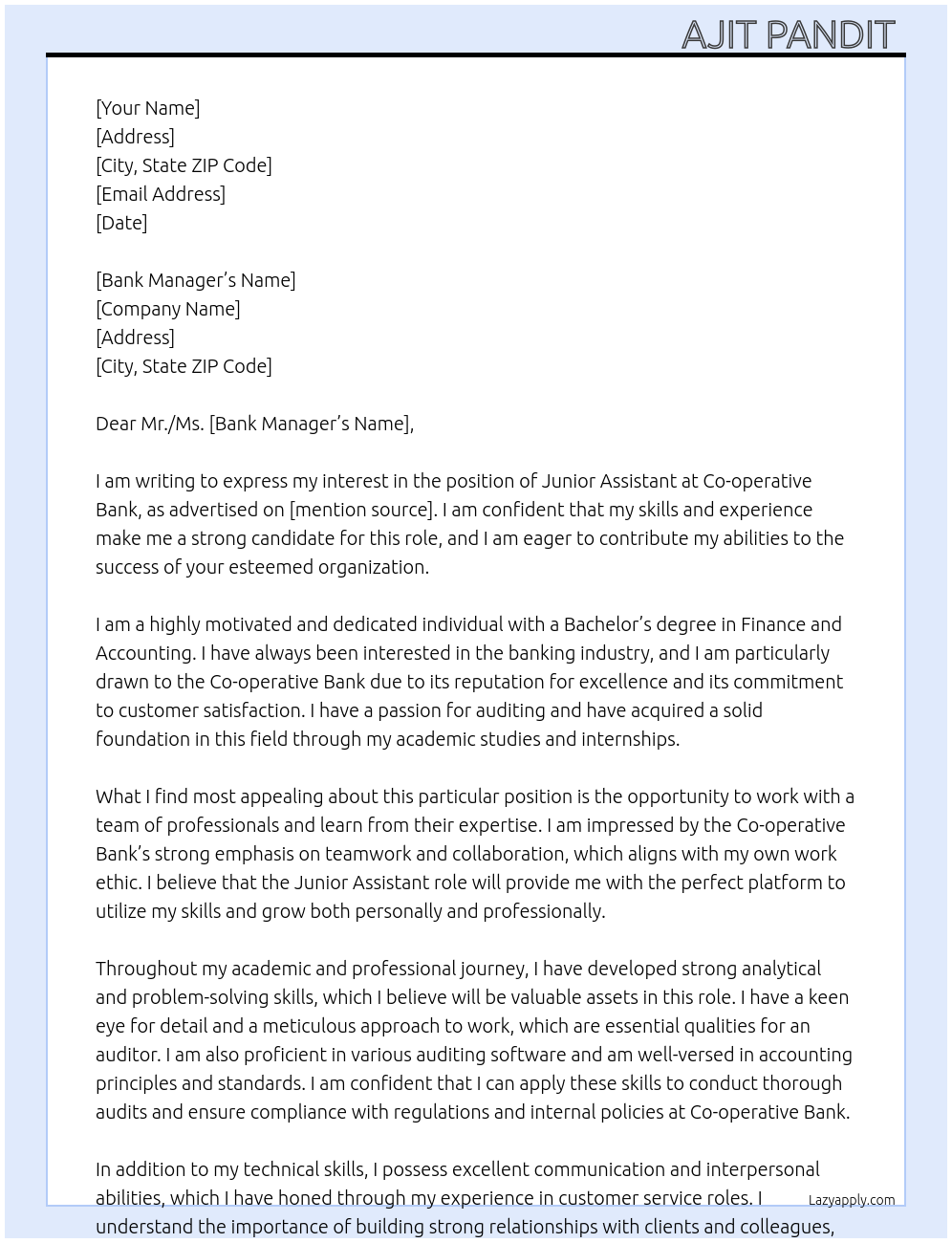 Junior assistant  At Co-operative bank Cover Letter