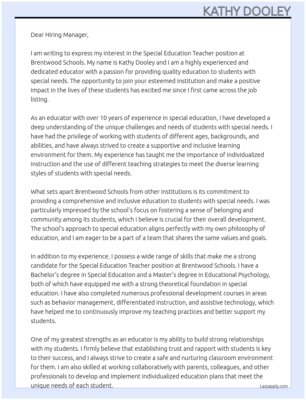 Special Education Teacher At Brentwood Schools Cover Letter