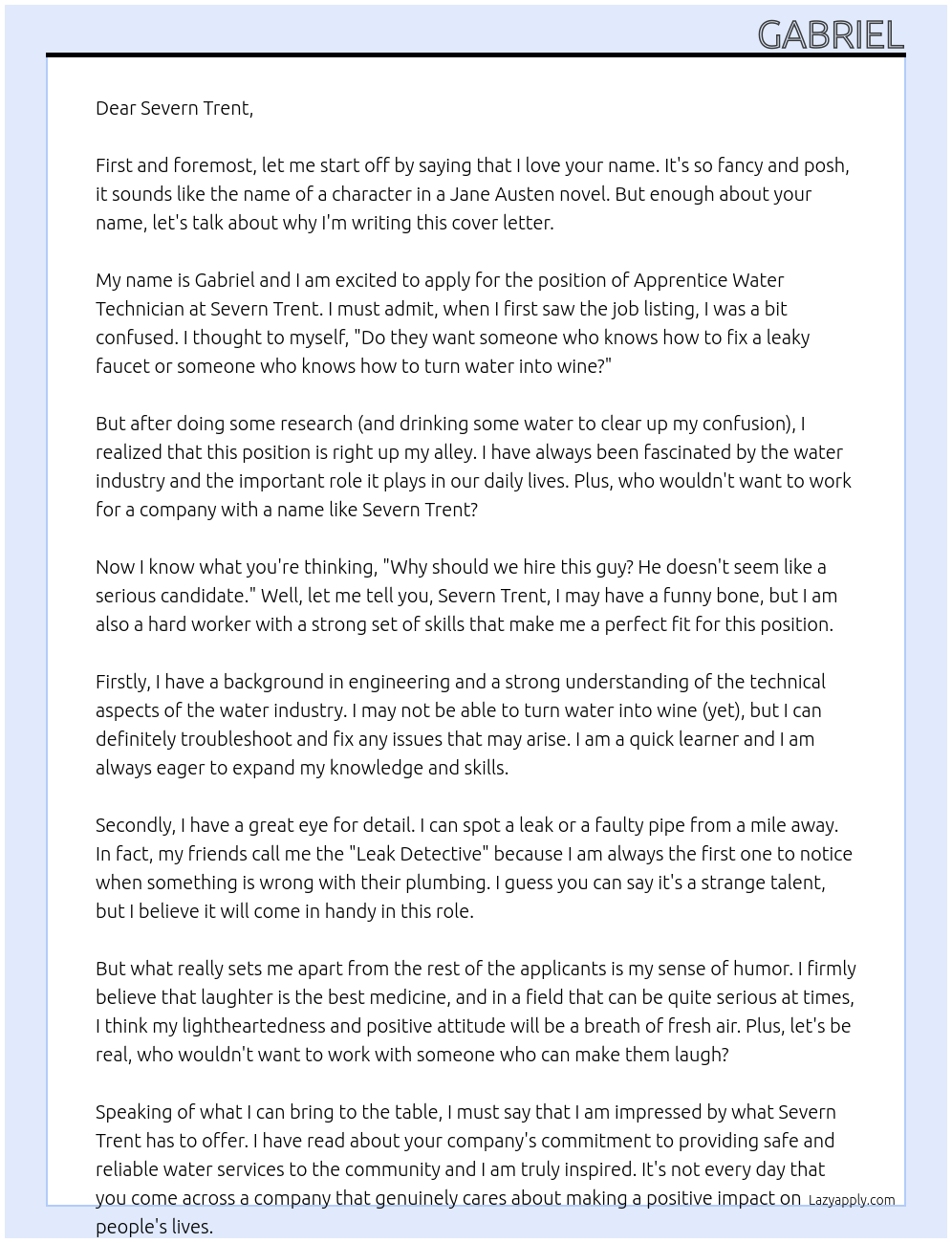 Cover letter for apprentice water technician - LazyApply