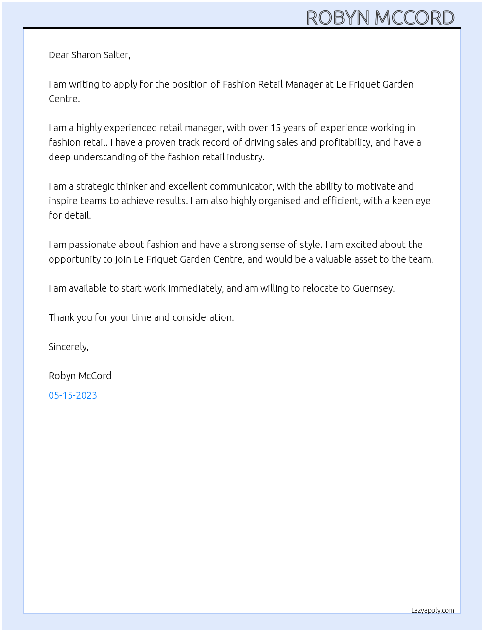 Fashion Retail Manager  At Le Friquet Garden Centre Cover Letter