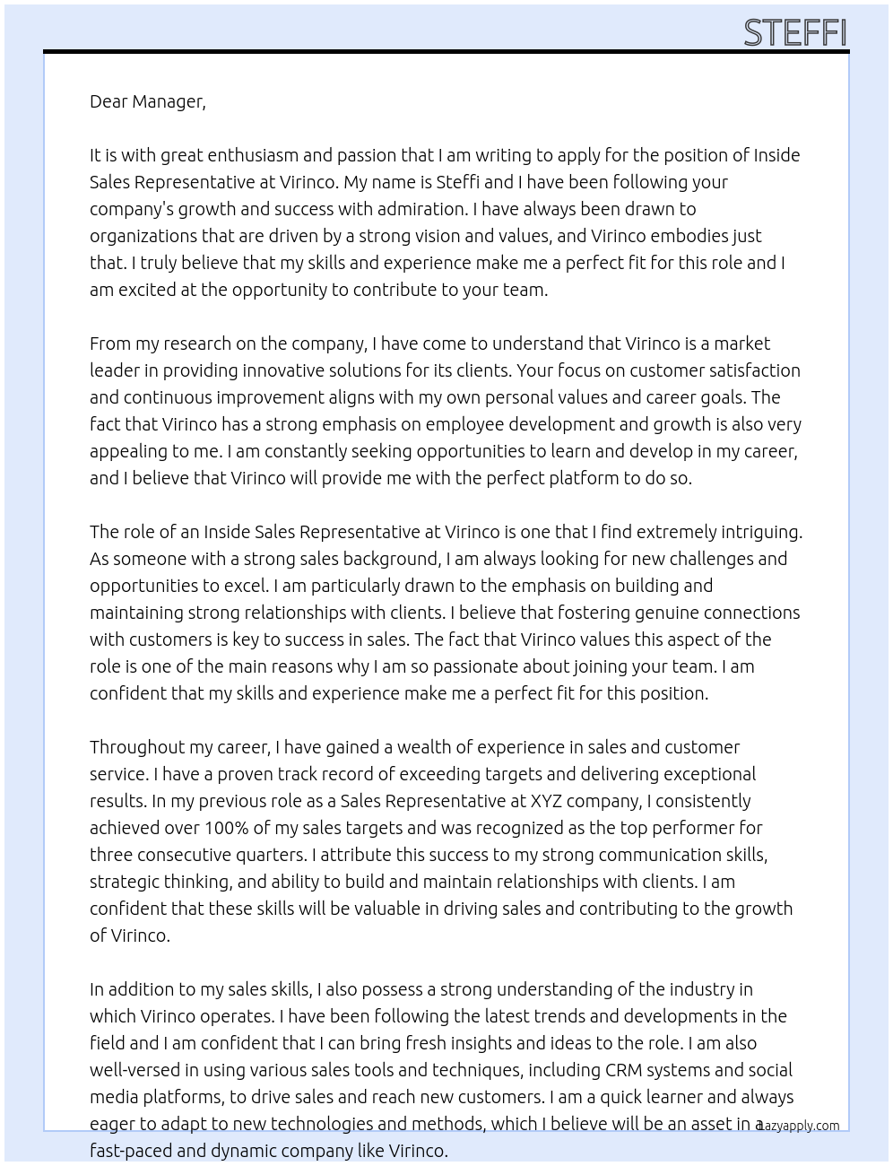 inside sales representative At virinco Cover Letter