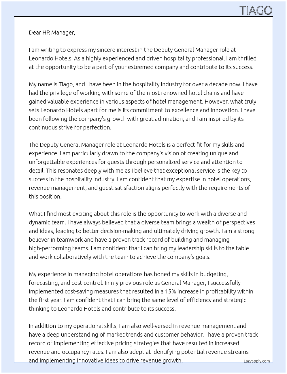 Deputy General Manager At Leonardo Hotels Cover Letter