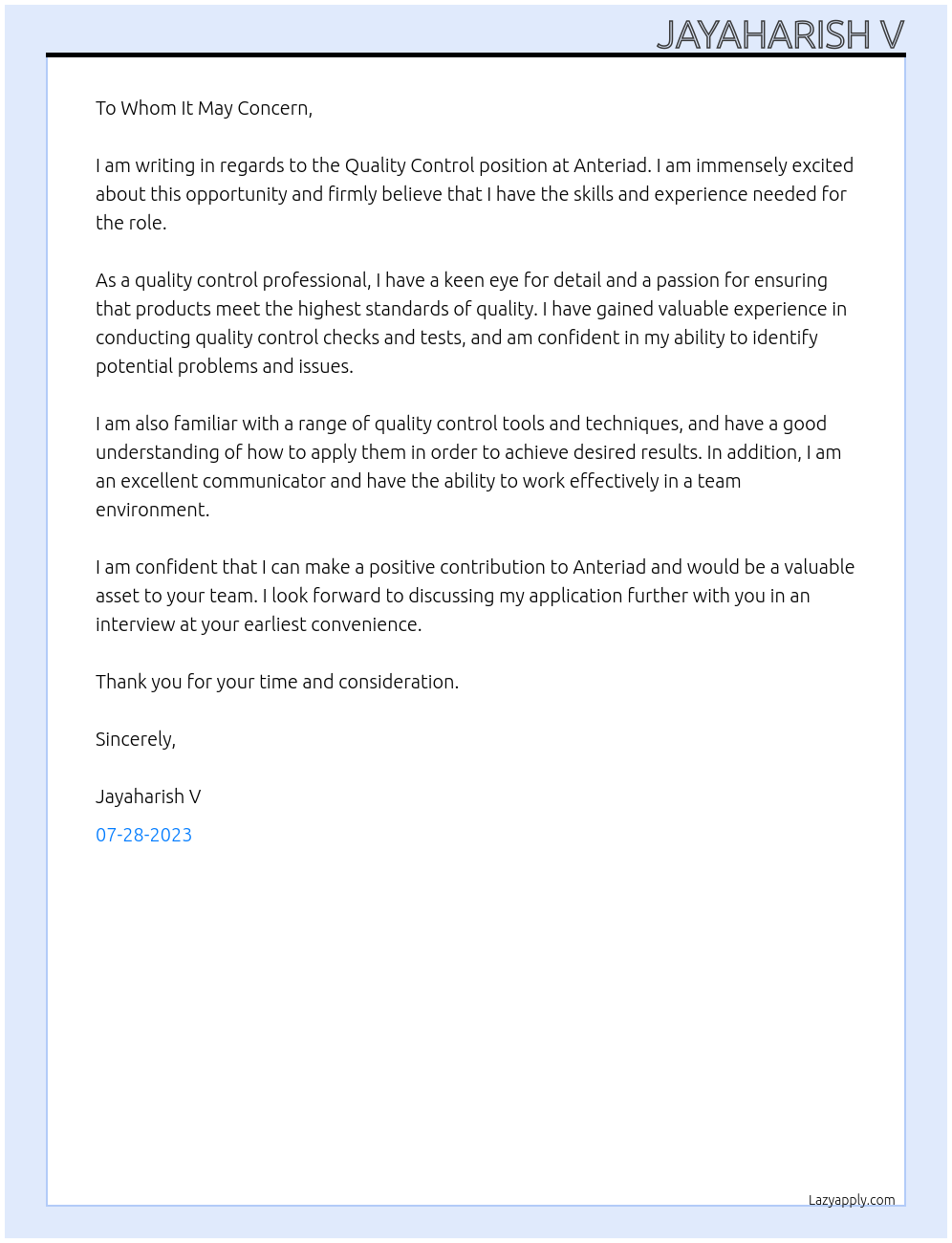 Quality Control At Anteriad Cover Letter