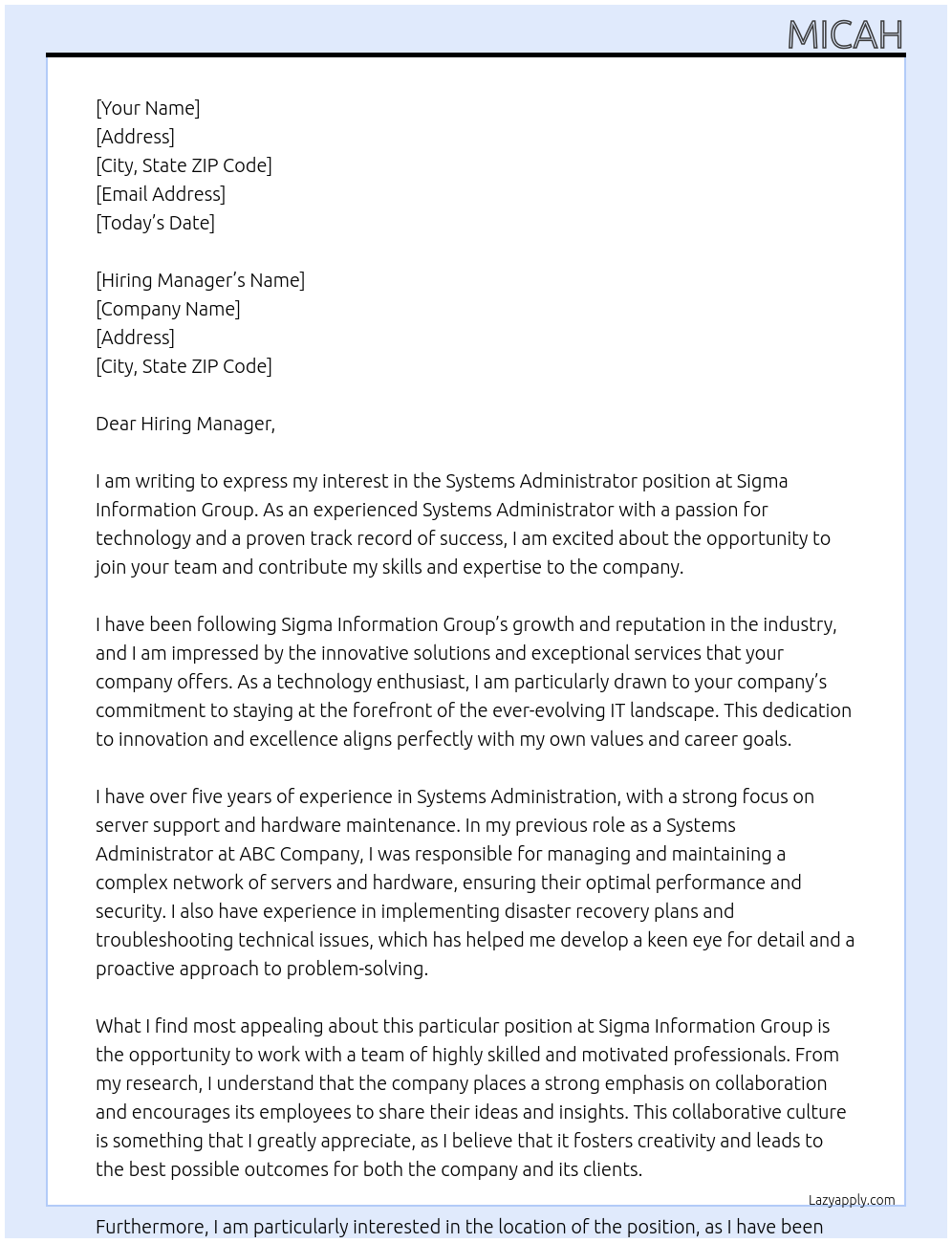 Systems Administrator At Sigma Information Group Cover Letter