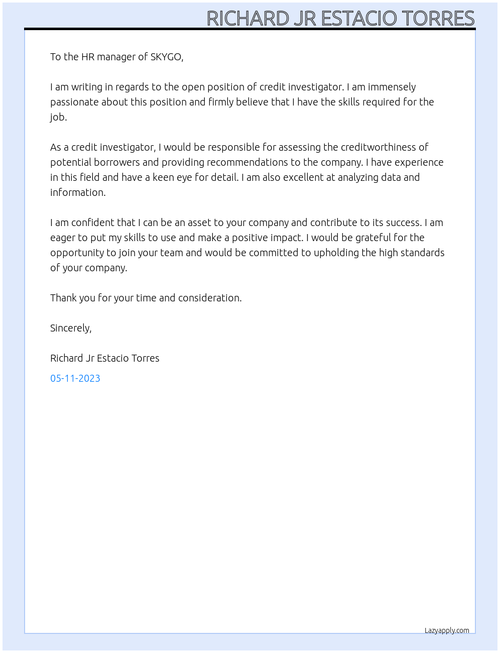 Credit investigator At SKYGO Cover Letter