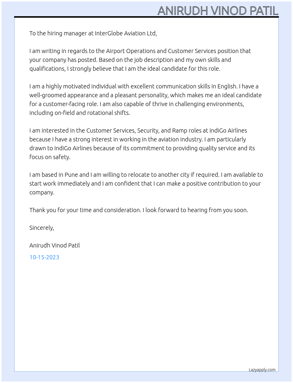 Airport Operations and Customer Services At IndiGo Airlines Cover Letter