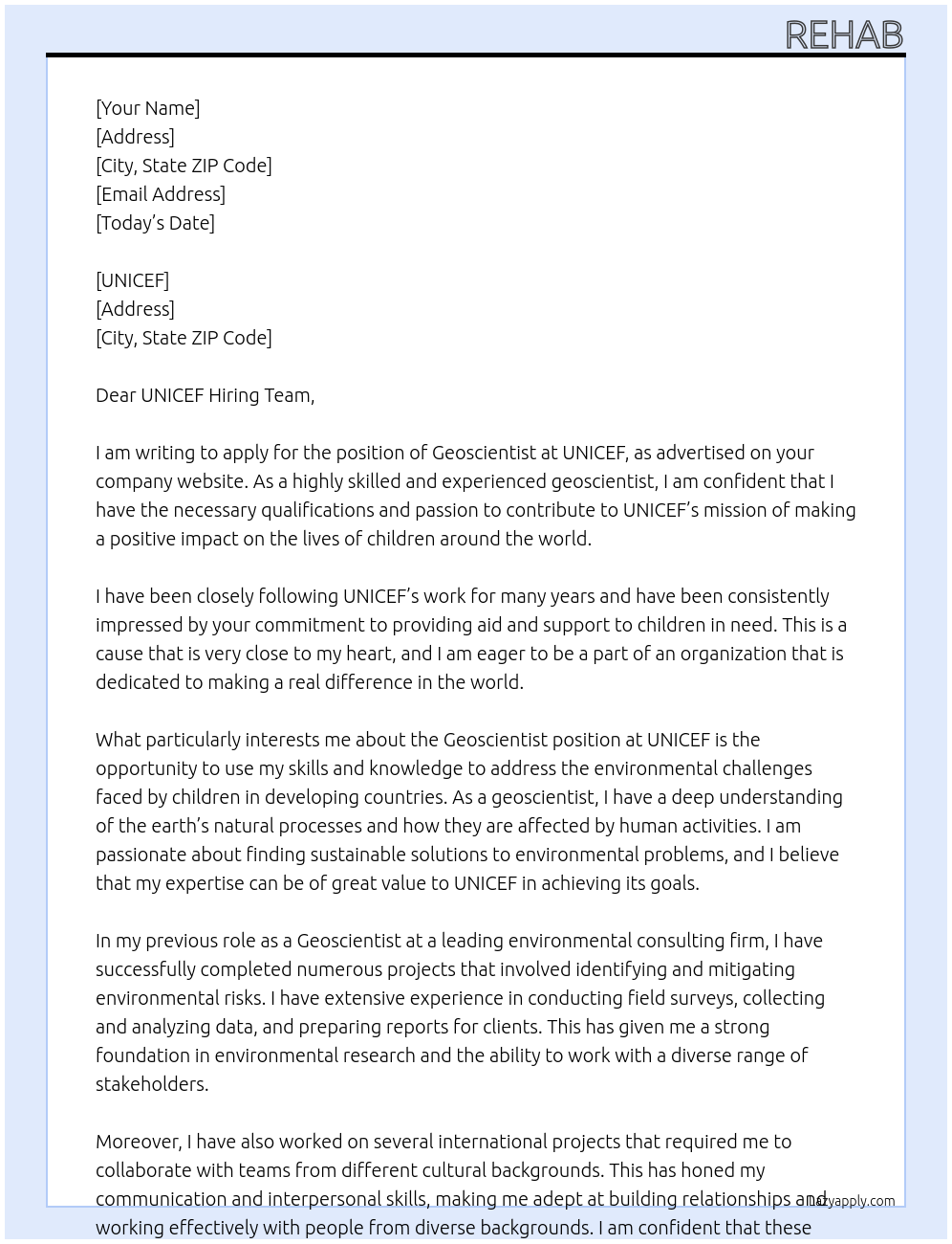 Geoscientist At UNICEF Cover Letter