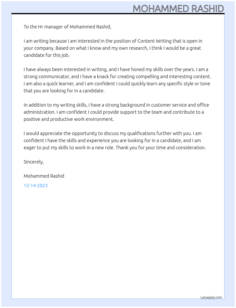Content Writing At Mohammed Rashid Cover Letter