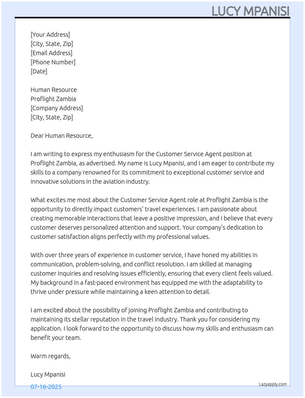 Customer service agent At Proflight Zambia  Cover Letter