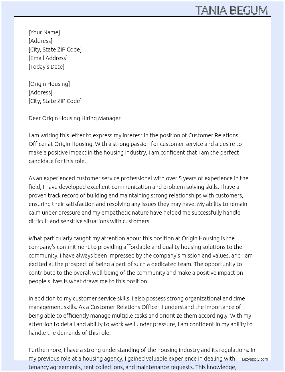 Customer Relations Officer At Origin Housing Cover Letter