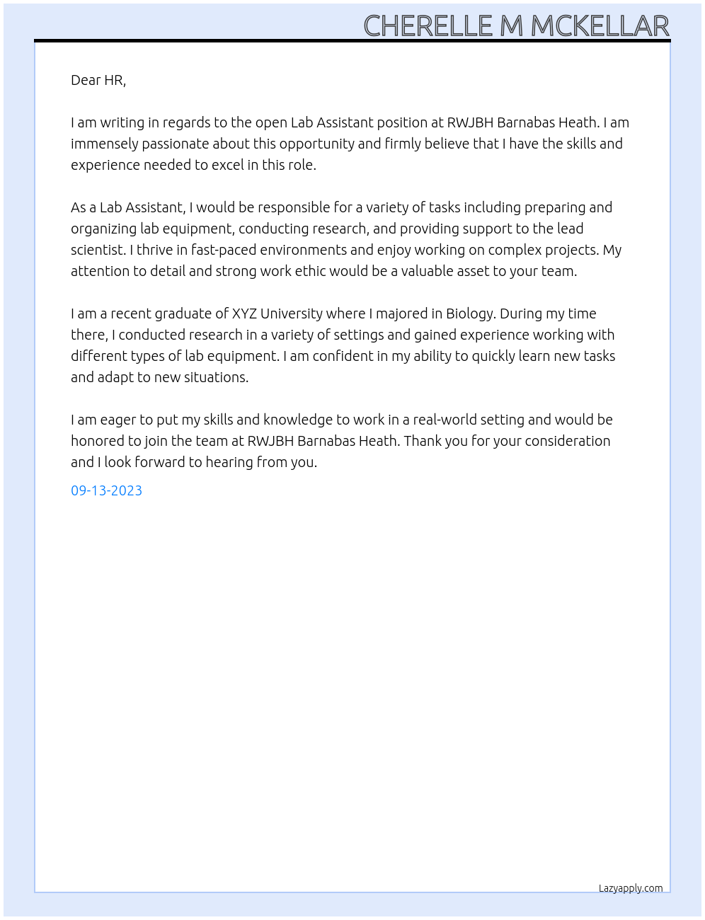 Lab Assistant At RWJBH Barnabas Heath Cover Letter