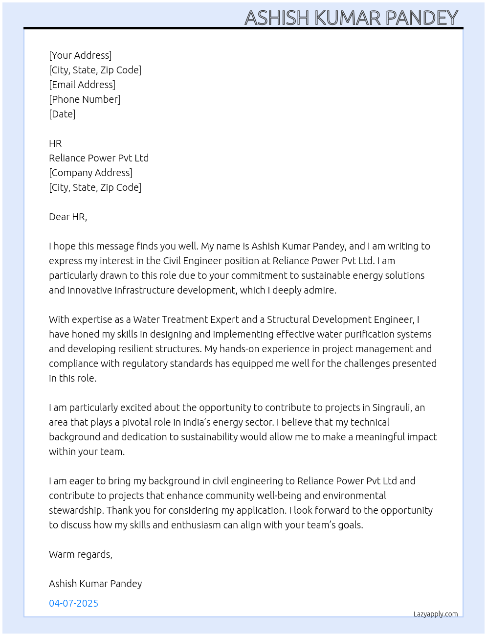 Civil Engineer At Reliance Power Pvt Ltd Cover Letter