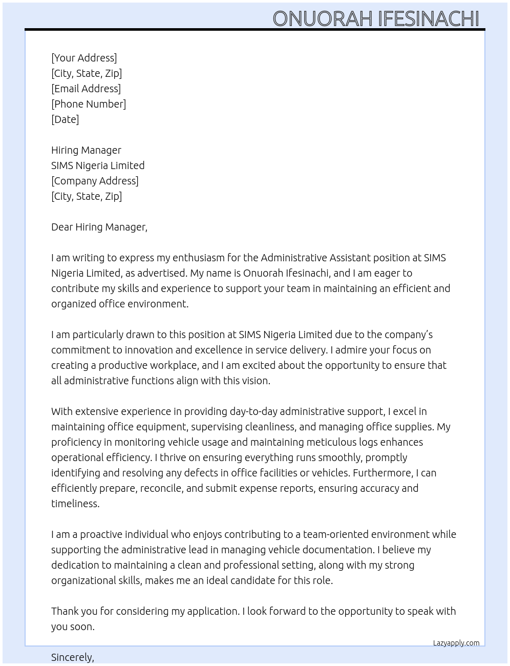 Administrative assistant At SIMS Nigeria Limited Cover Letter