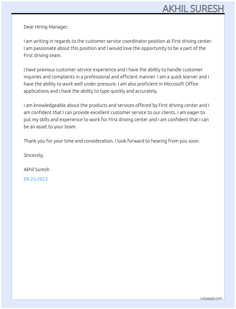 customer service coordinator At First  driving center Cover Letter